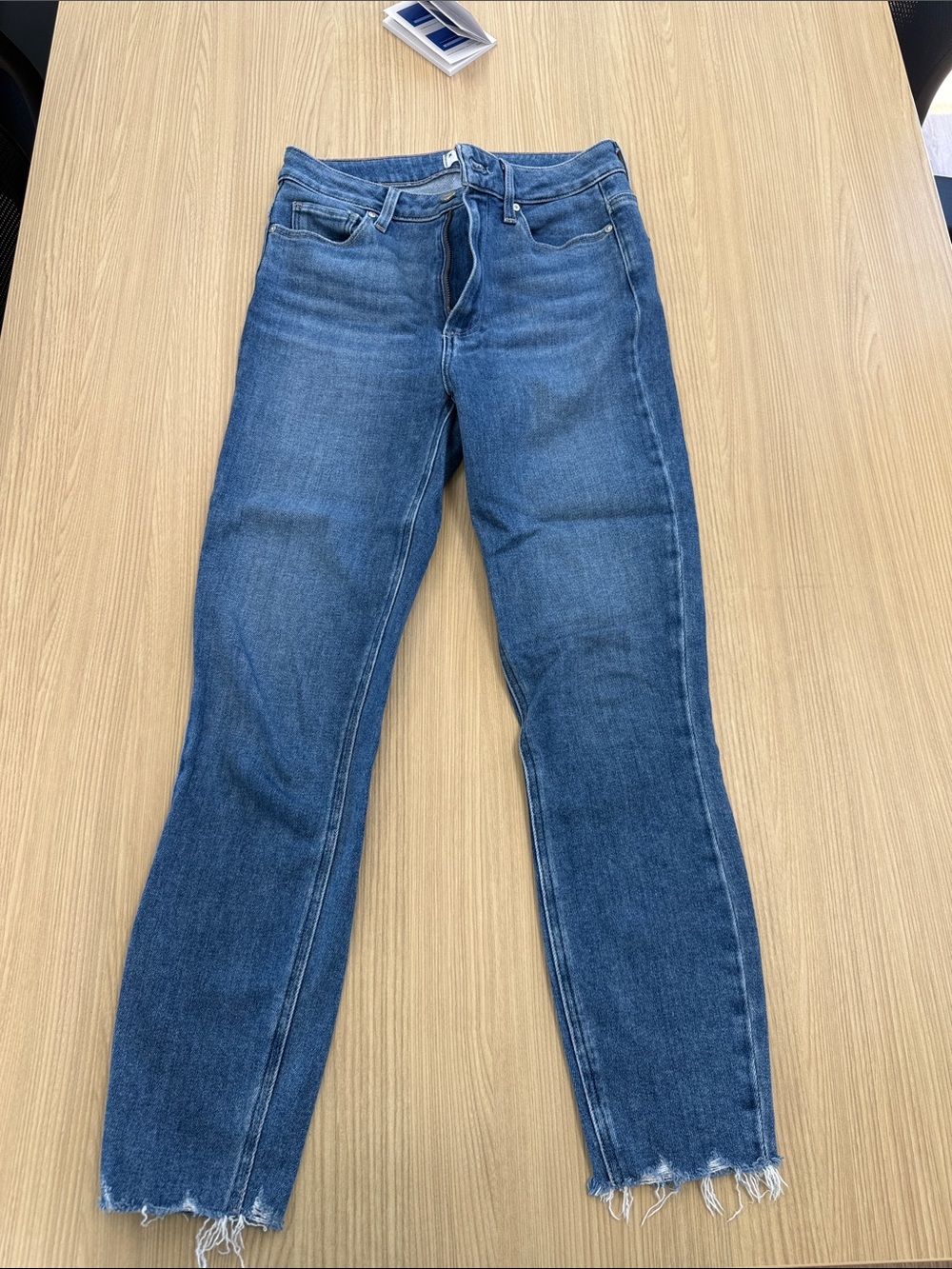 PAIGE Mid-Blue Straight Leg Jeans with Frayed Hem